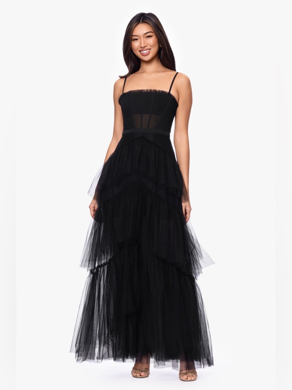 Betsy & Adam black Jasmine tulle mesh corset gown